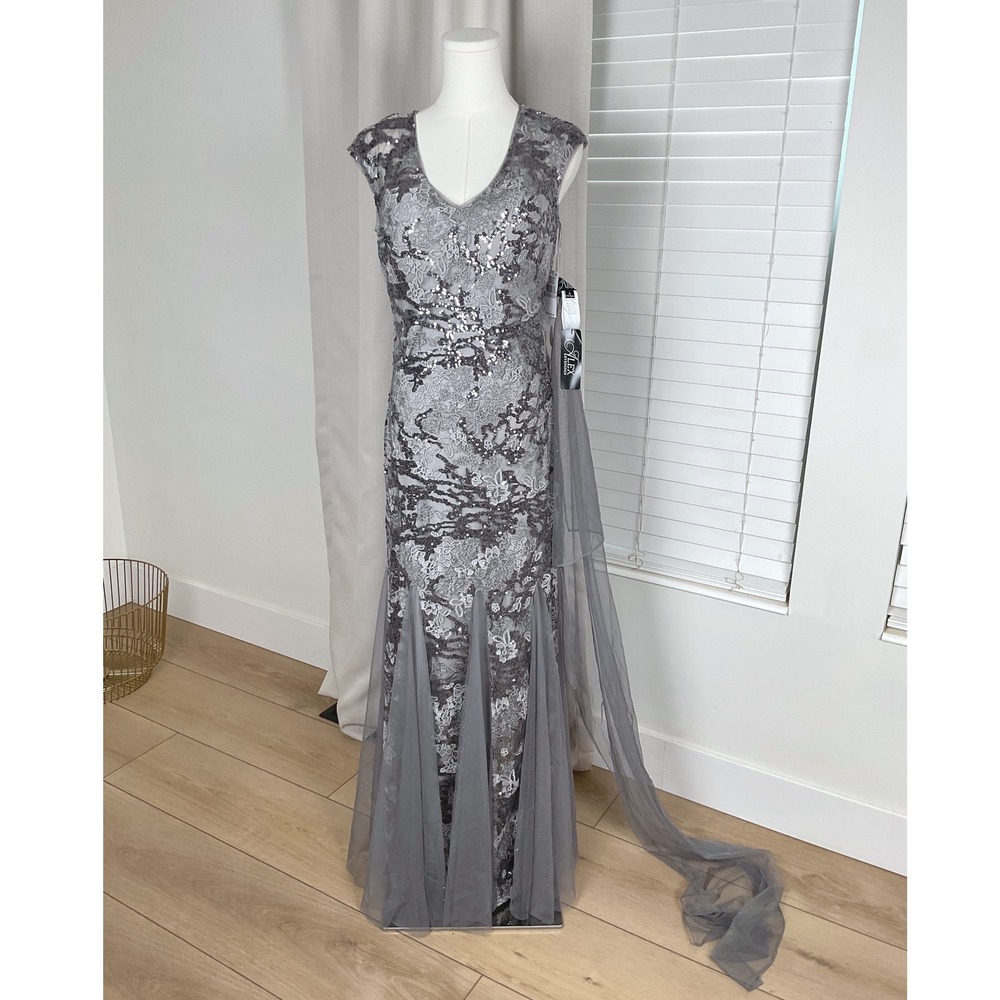 Alex Evenings Pewter Sequin Lace Gown‎ with Shawl 8117897 Womens 6 NEW